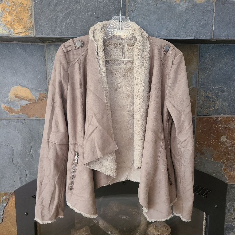Lovestitch faux suede and faux fur drape-front cardigan jacket light brown medi